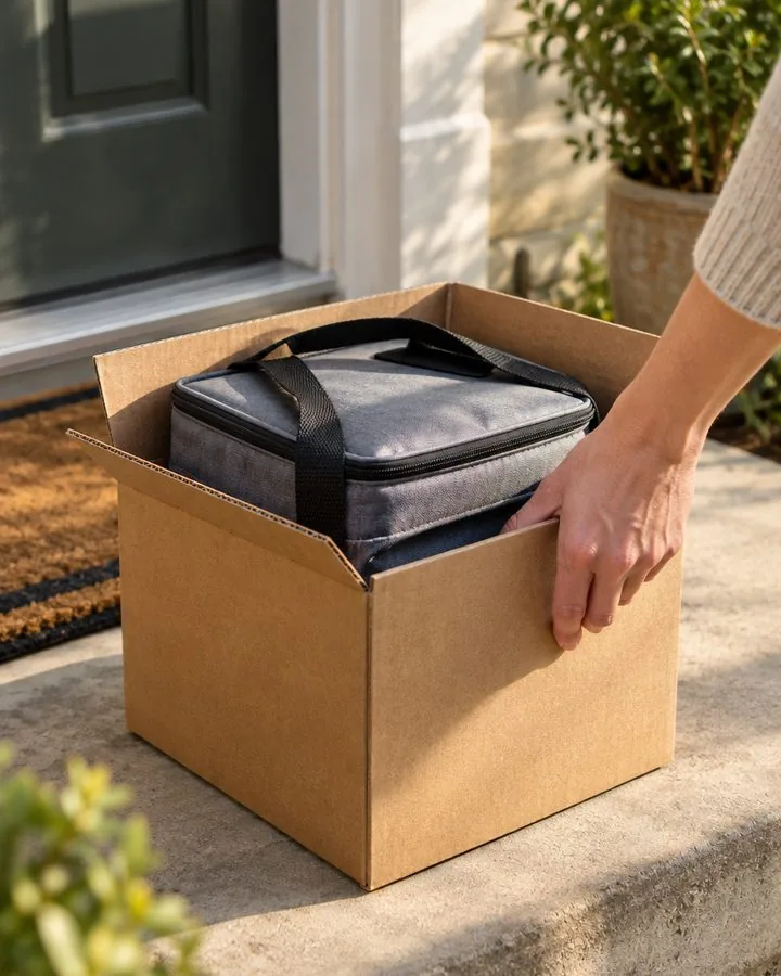 A delivery box with an insulated medication pouch on a doorstep