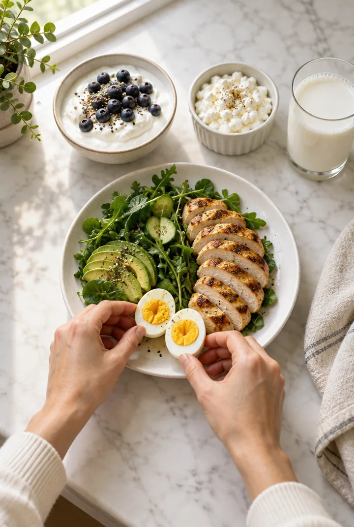 A dietitian’s hands plating a high-protein lunch: grilled chicken, halved eggs, skyr with blueberries, cottage cheese and a glass of milk