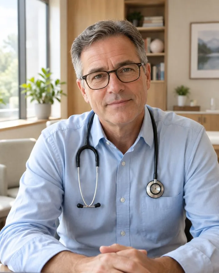 A physician in a blue shirt with a stethoscope, on a video call