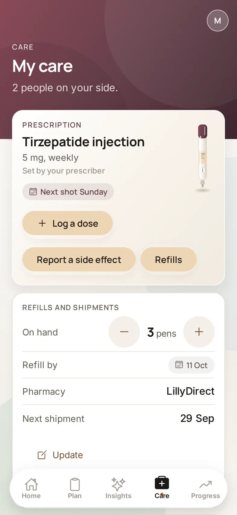 Care screen: prescription, refills and shipments, care team