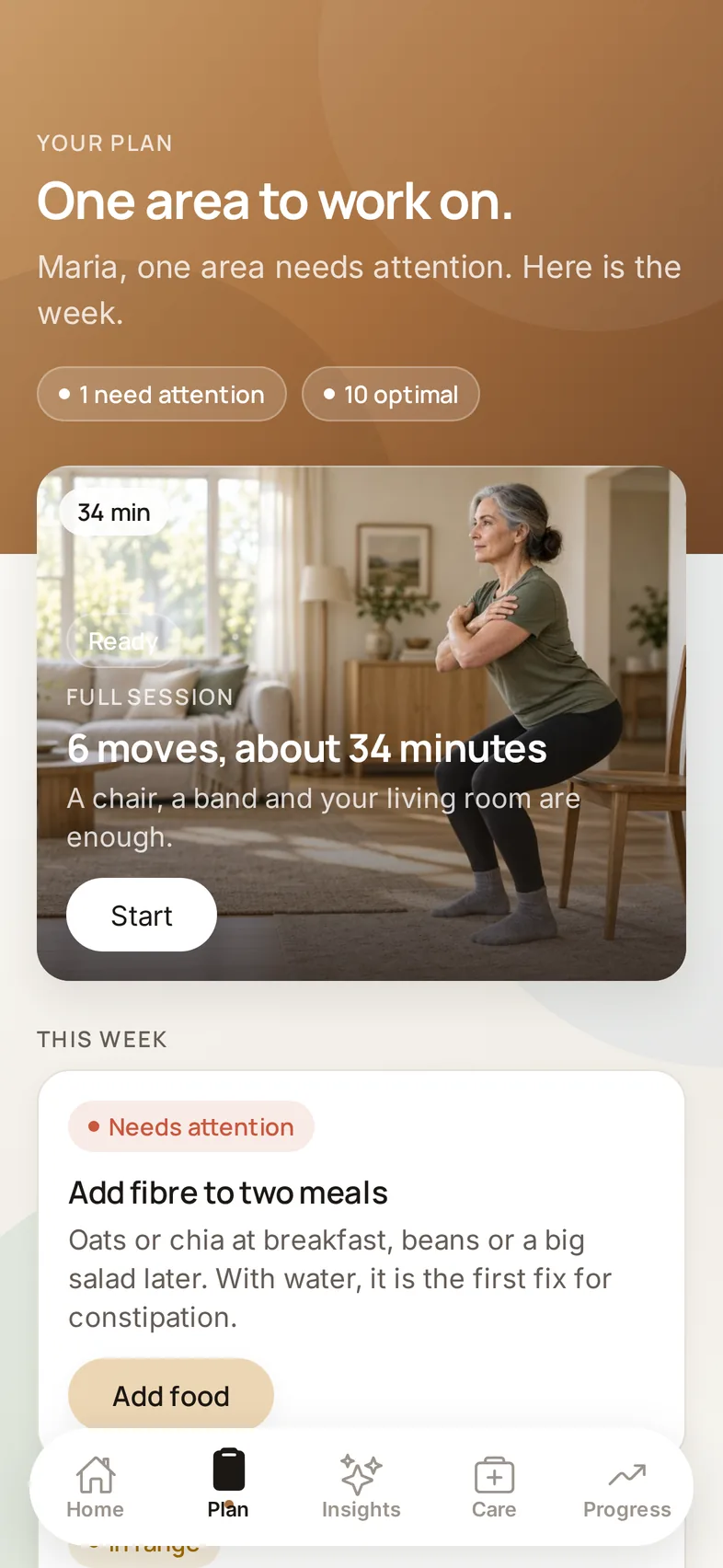 Plan screen: today’s session as a photo card with a Start button