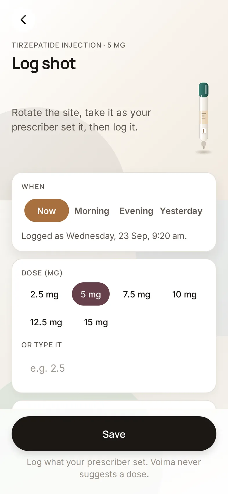 Log shot screen: site, time and dose, with the pen